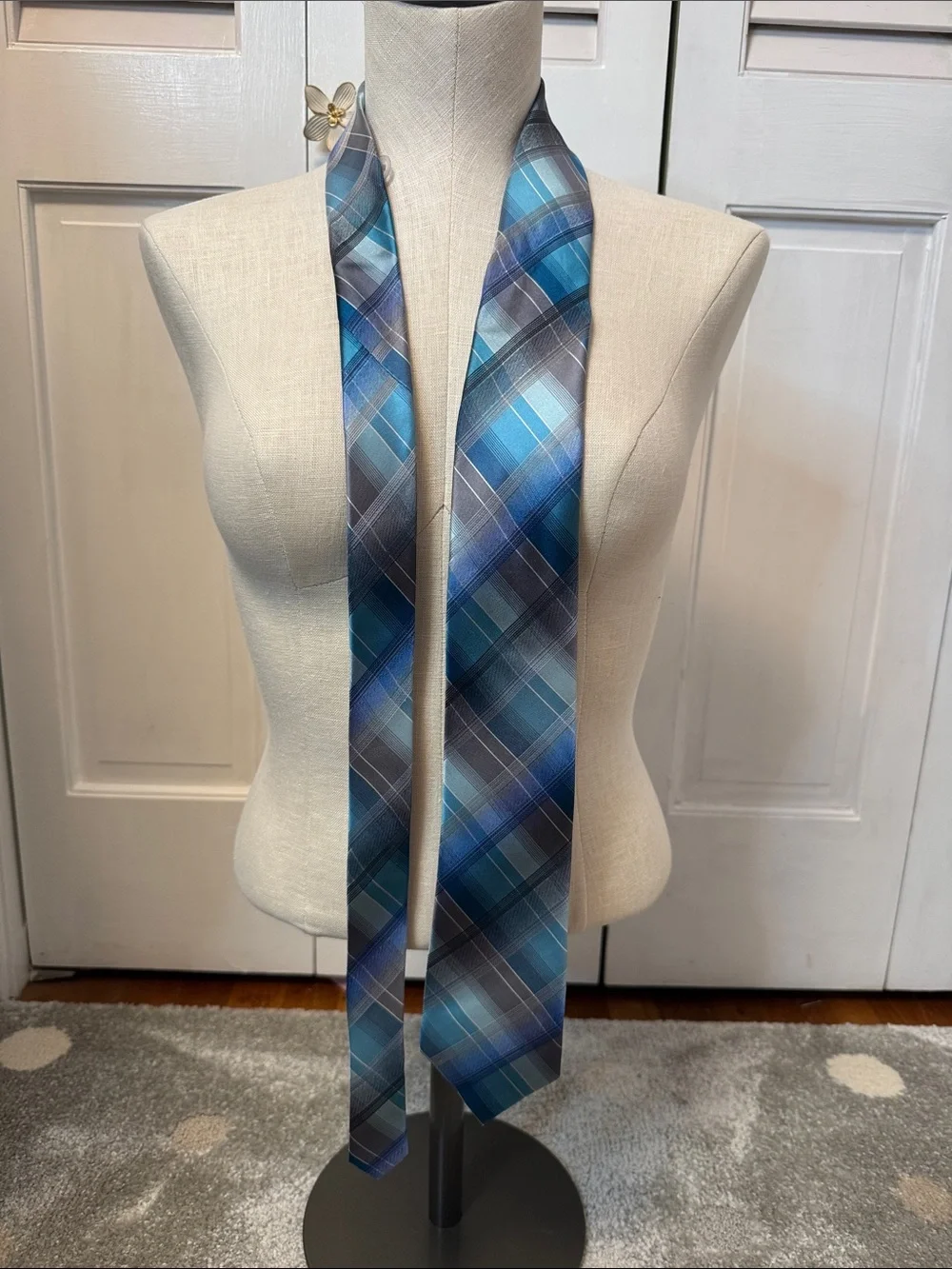 Van Heusen Blue Plaid Silk-Feel Tie